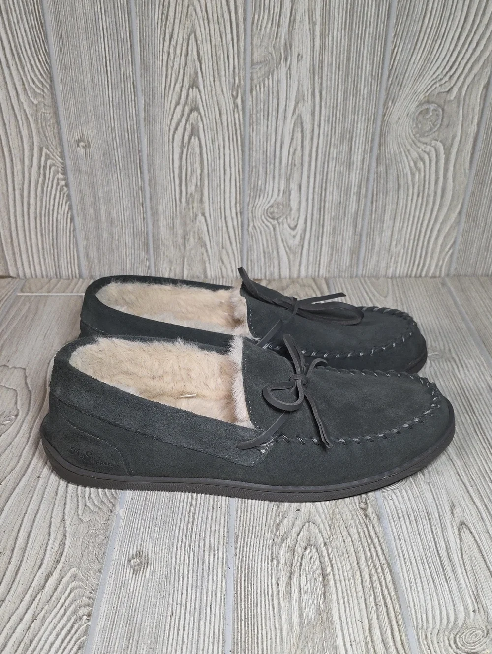 MySlippers by MyPillow Men's Charcoal Suede Faux Fur Lined  Moccasin Slippers